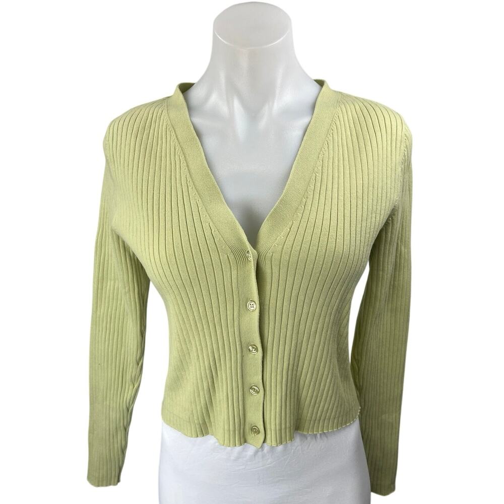 Reformation Green Rib Knit V-Neck Button Long Sleeve Crop Cardigan Sweater Top M